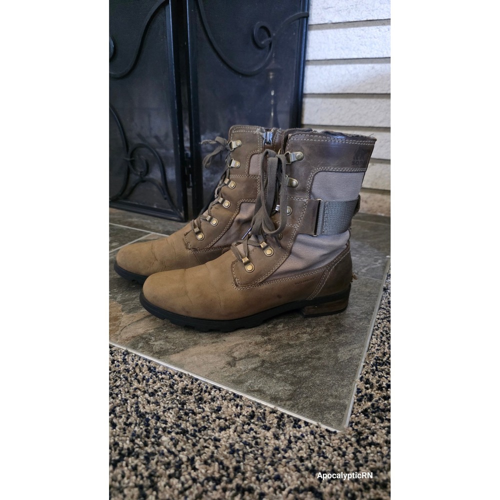 Sorel Emelie Conquest Boots Women 8.5 Brown Leather and Canvas